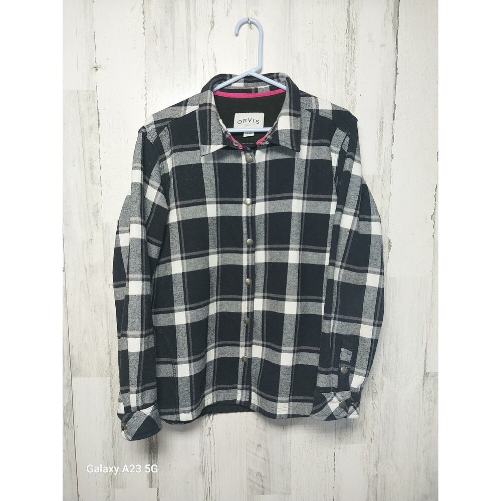 ORVIS Womens Fleeced Lined Button Up Plaid Black Flannel Shirt Jacket XXL